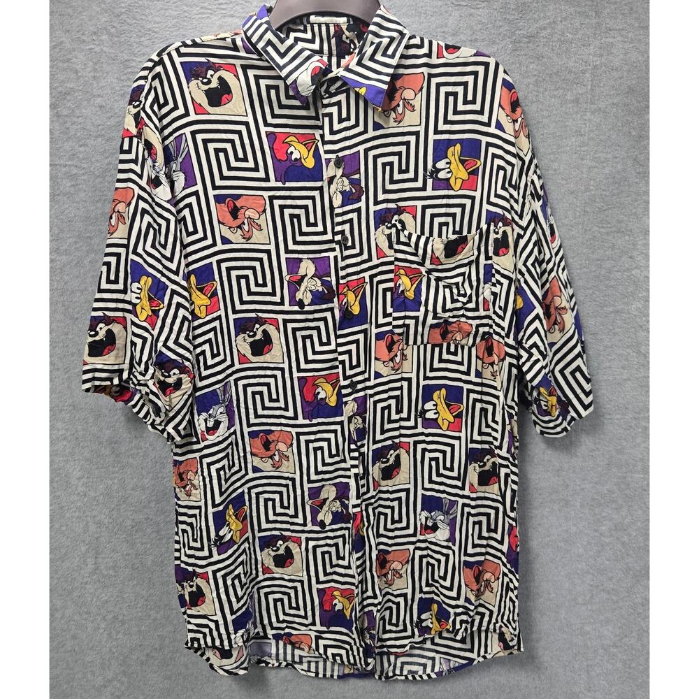 Vintage Warner Bros Looney Tunes Abstract Rayon Button Front Shirt Size Medium